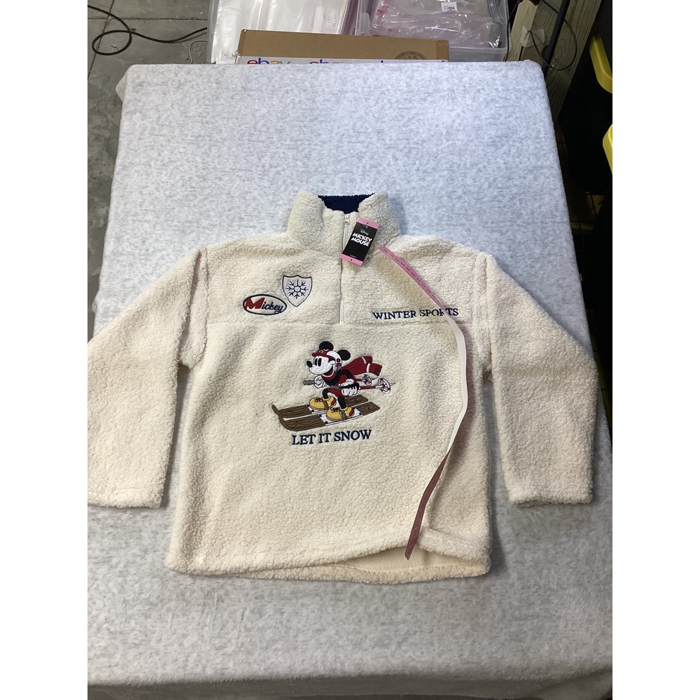 Disney Mickey Mouse Winter Sports Sherpa Fleece Quarter Zip Pullover Off White S